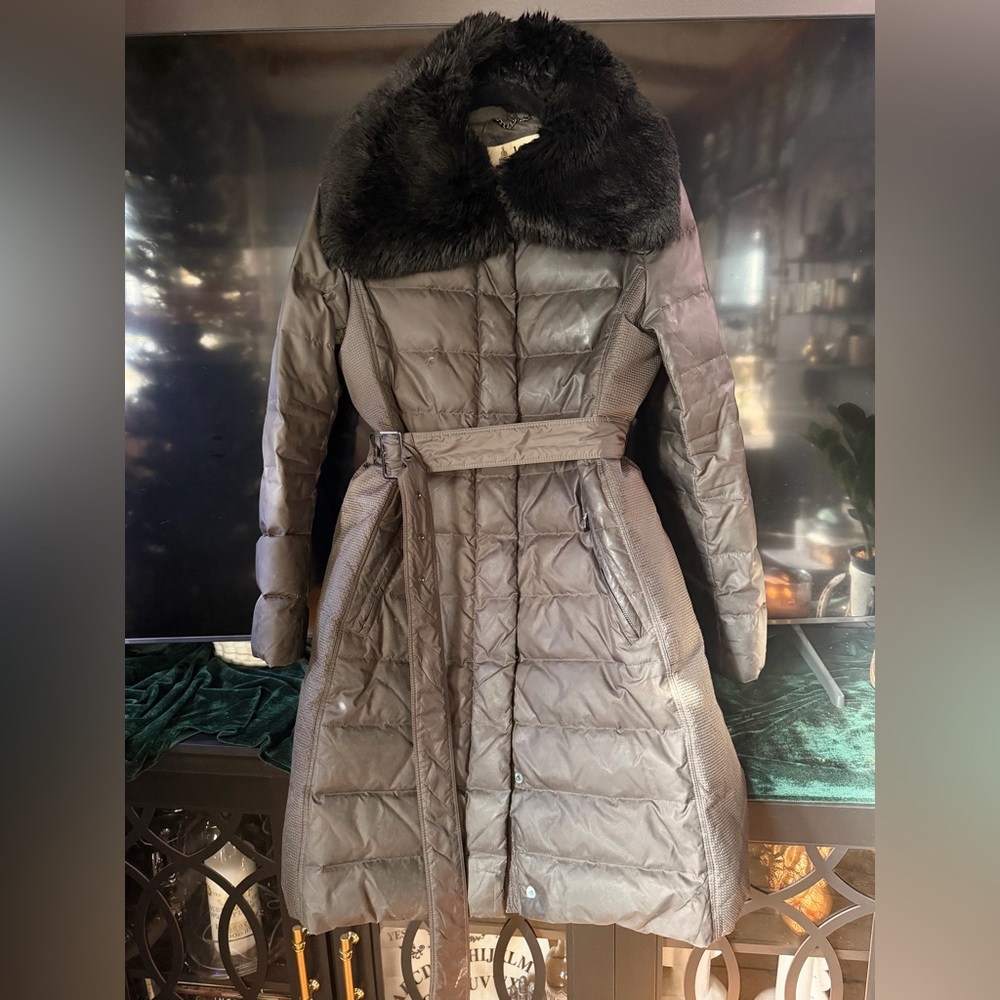 London Fog Heritage Gray Puffer Coat with Black Faux Fur Collar